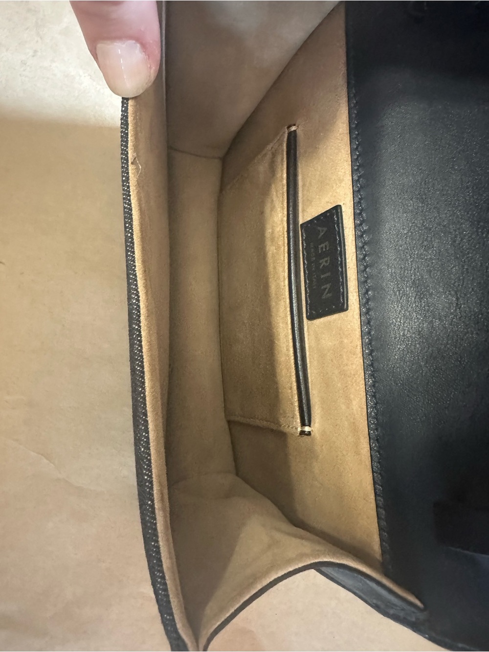 AERIN Black Leather Clutch with Tan Suede Interior